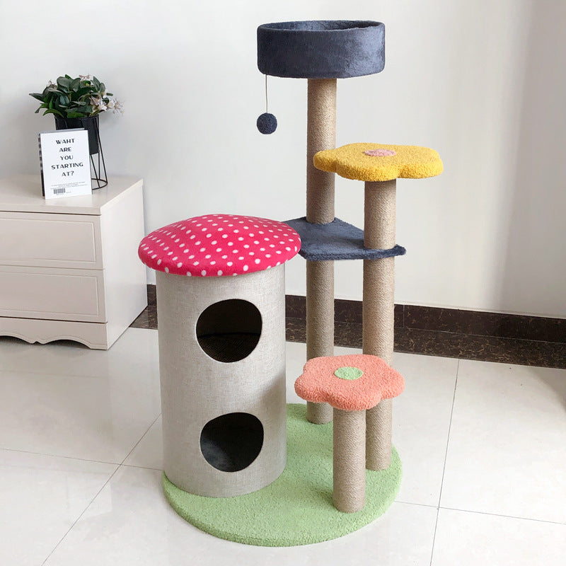 Luxury Cat Tower with Round Nest & Flower Backrest